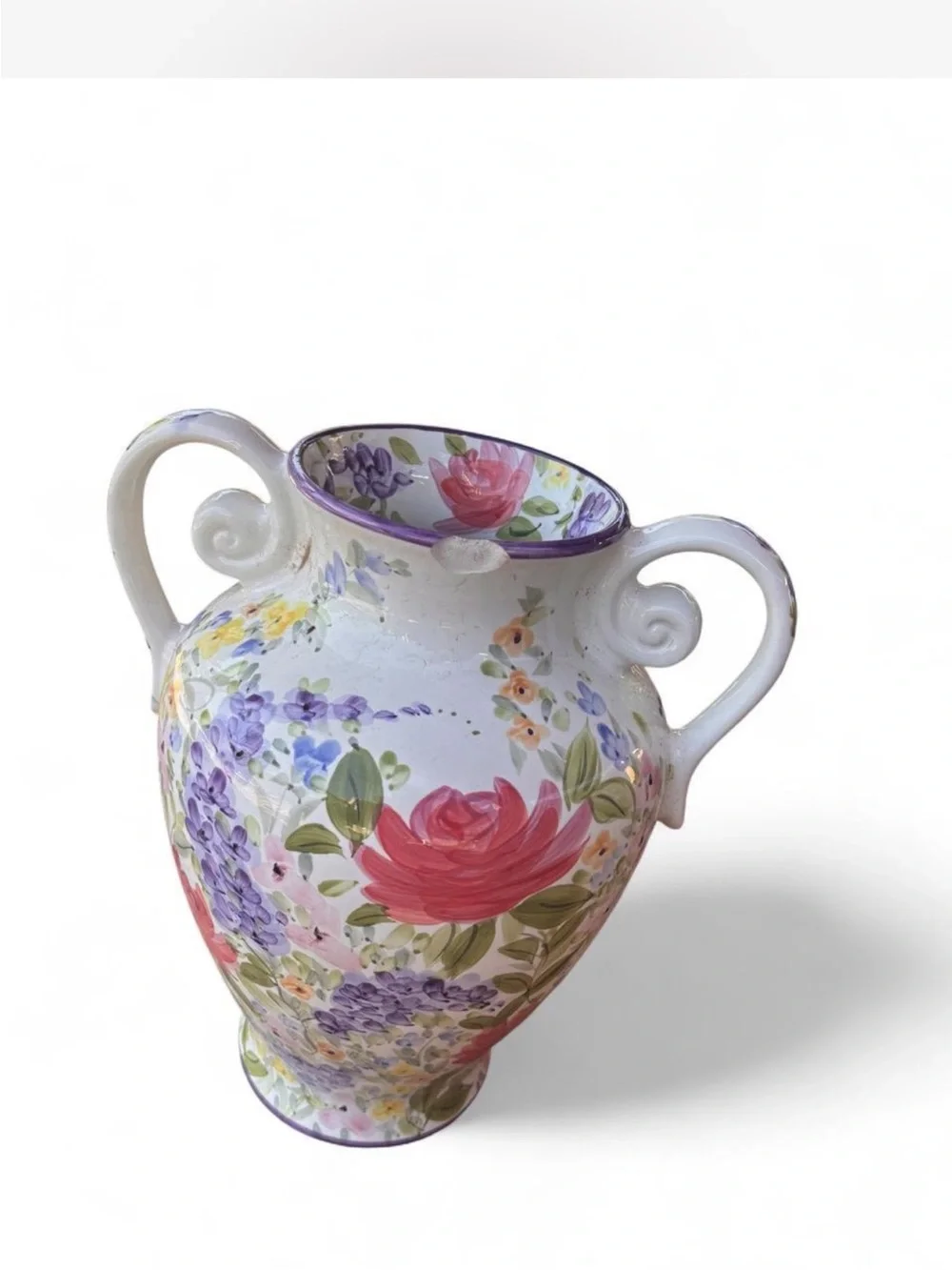 Hand-Painted Floral Two-Handled Ceramic Vase - White with Red & Purple Flowers